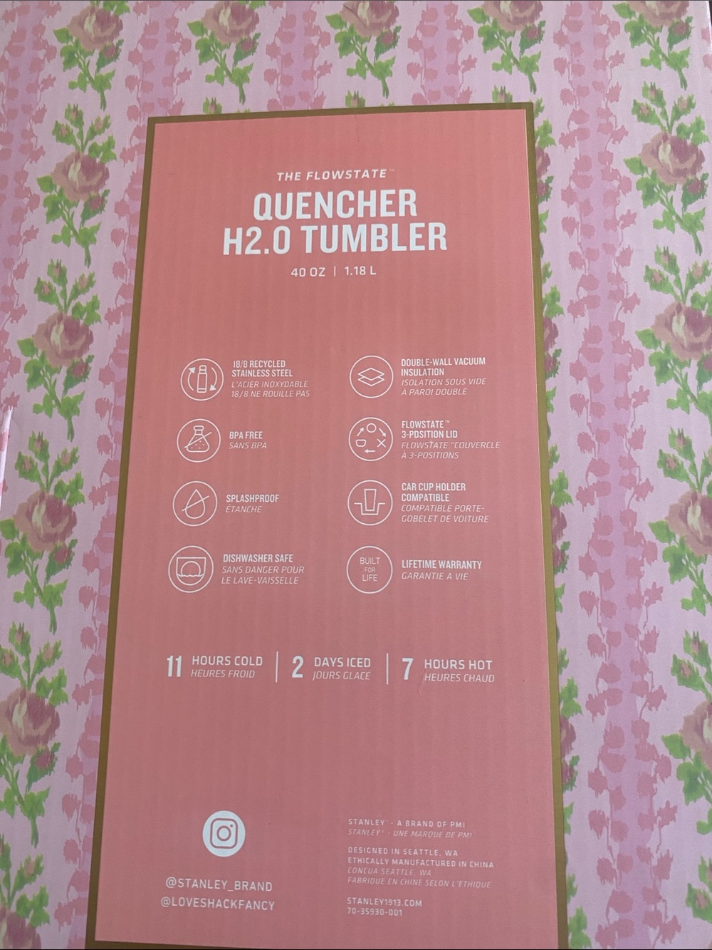 Stanley Pink Floral Quencher Tumbler with Gold Accent - Picture 13 of 14